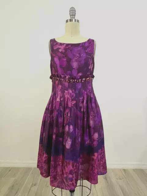 Eliza J Purple Floral Bejeweled Ruffle Pleated Waist Fit & Flare Dress Size 6