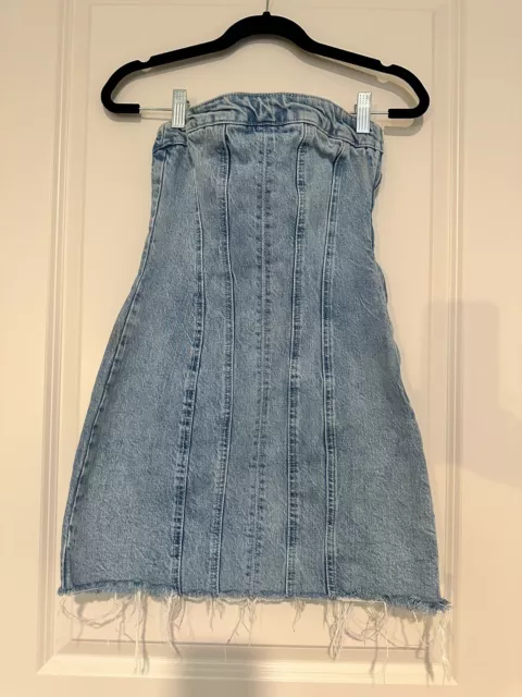 Zara Strapless Denim Bandeau Dress Side Zip Frayed Bottom Light Wash Small