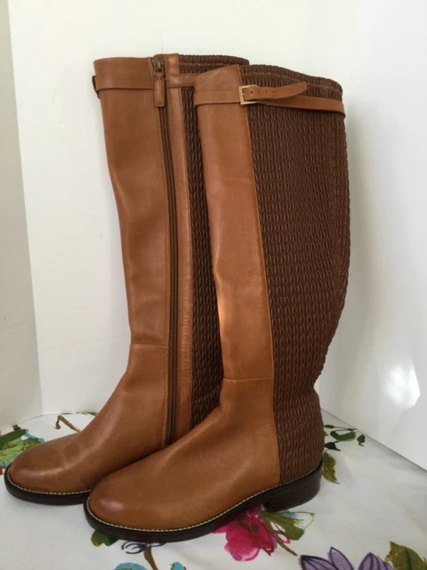 Cole Haan Simona Camel Tan Leather Woven Neoprene Zipper Knee High Boots 5.5 B