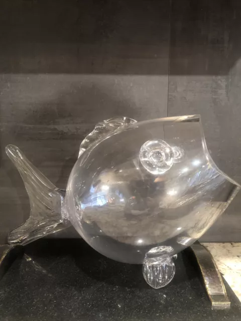 Blenko Style Clear  Hand Blown Art Glass Fish Vase/ Bowl /Terrarium 12.5"