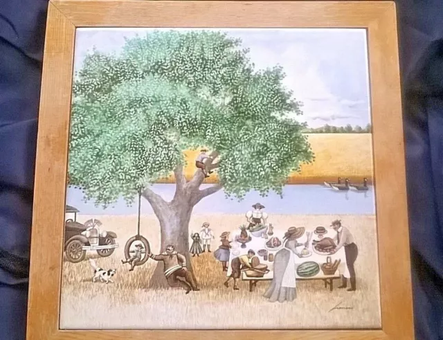 Vintage 1982 LOWELL HERRERO Collectible Tile Art 8" Wood Framed Holiday Picnic