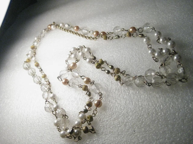 Vintage Goldtone 64" Faux White/Cream Pearl, Clear & Other Beaded Necklace