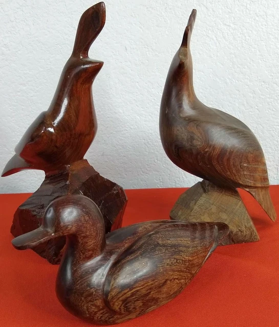 Set of 3 VTG Hand Carved Wooden Ironwood Quail Mallard Statue Bird Figurine Rock