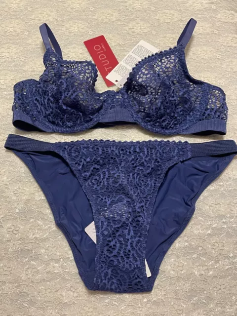 La Perla Studio Elodie 34B S Full Cup Bra Brazilian Panty Set Navy Blue