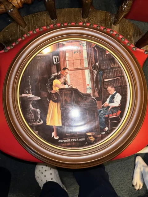 Norman Rockwell's 1976 "The Marriage License" Plate In Wooden Frame