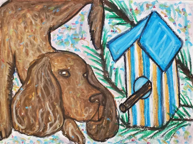 AMERICAN WATER SPANIEL with Birdhouse Dog Art Print 13x19 Signed by Artist KSams