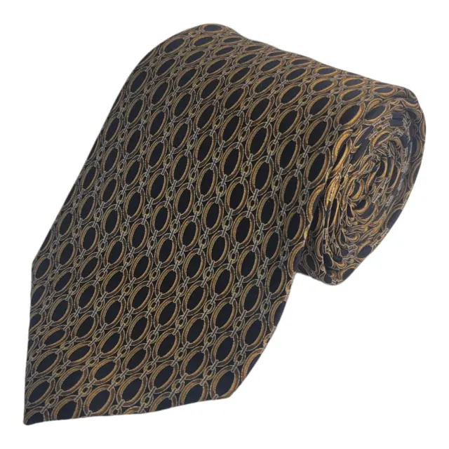 Jos A Bank Silk Tie Gold/Brown/Black Chained Geometric Design Necktie 60" x 3.5"