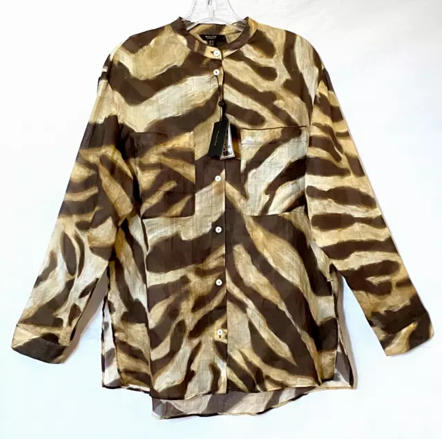 Massimo Dutti Shirt Womens 8 Multi Animal Print Ramie Sheer Button Down NWT