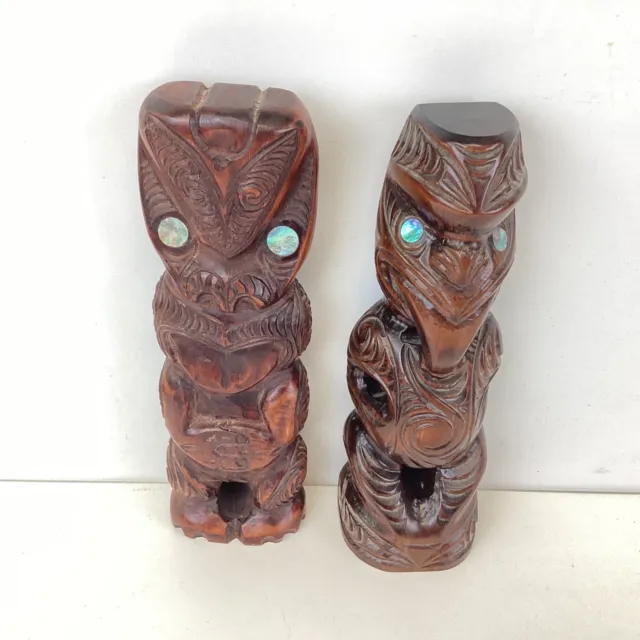 2x Carved Wooden Paua Shell Maori Tiki Statues (C3) S#565