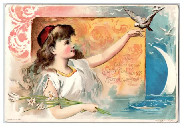 1891 Victorian Trade Card Lion Coffee Easter Greetings Children w dove 7x4
