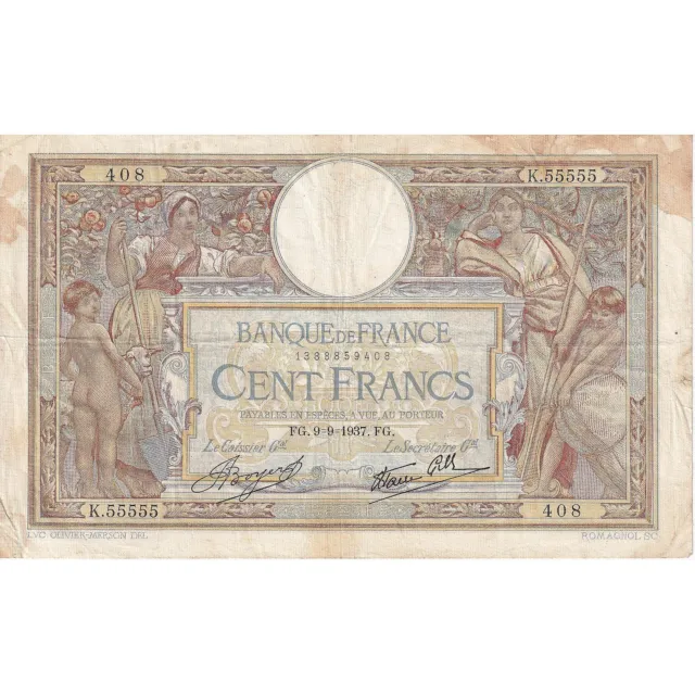 [#195724] France, 100 Francs, Luc Olivier Merson, 1937, K.55555, TB+, Fayette:VF
