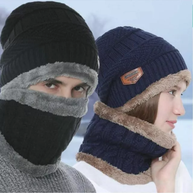 Men Women Hat Winter Knitted Neck Warm Scarf Beanie Fleece Ski Cap Hat Slouch AU 2
