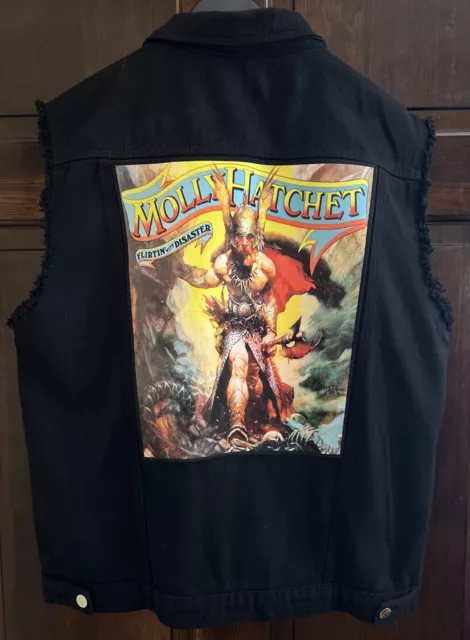 Molly Hatchet Patch Denim Vest XL  Handmade Flirtin’ With Disaster Frazetta