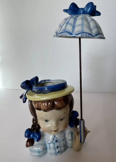 Vintage Napco Japan Parasol Umbrella Blue Girl Planter Figurine Head Vase