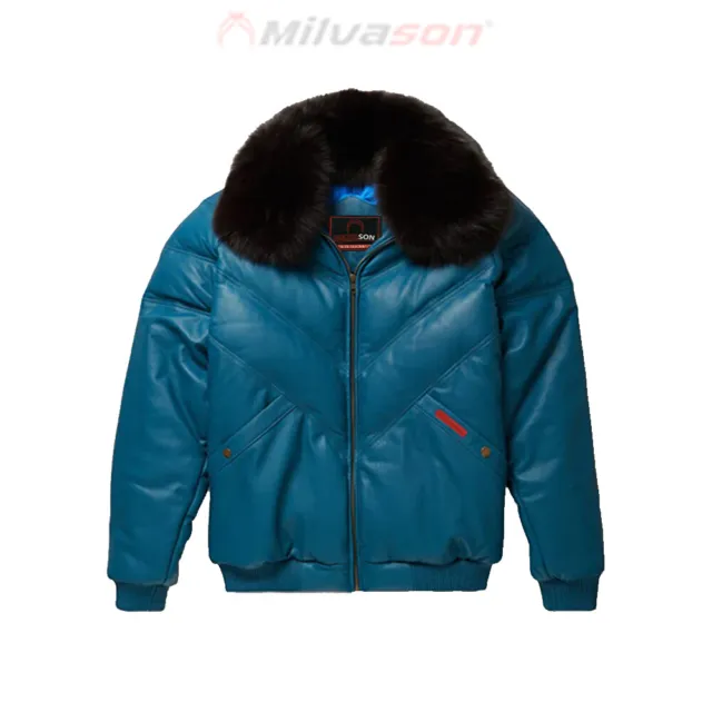Men's Leather Jacket with Fox Fur Collar - Bubble Teal Leather V-Bomber Jacket