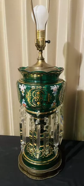 Gorgeous Antique Czech Bohemian Emerald Green Glass Lustré Table Lamp w/Prisms