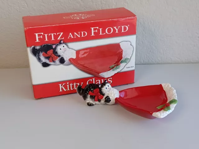 FITZ AND FLOYD Kitty Claus Ceramic Tidbit Dish 2019/1016 ~ EUC in Box