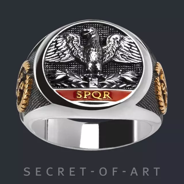 Imperial Roman Eagle Ring SPQR Silver 925 Legion Empire 24KGold-Plated Size 8-13