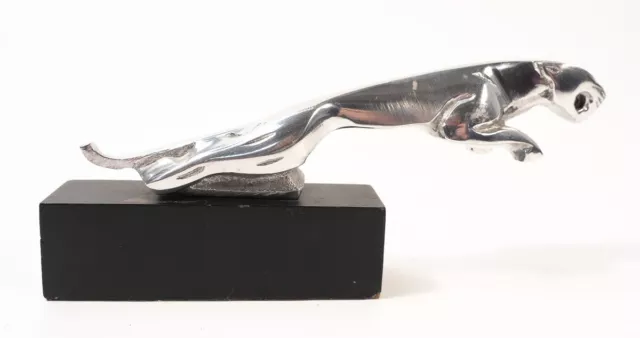 Jaguar White Metal Leaping Car Mascot on Wooden Base - Desk Ornament Paperweight