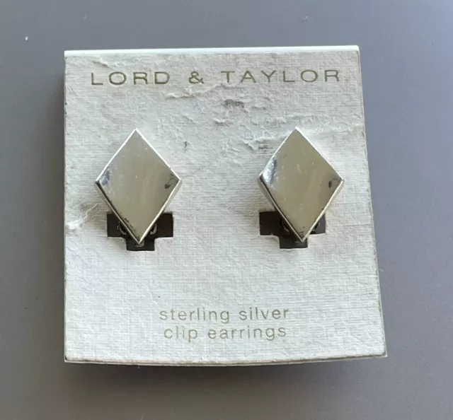 Vtg. Lord & Taylor Sterling Silver Diamond Shape Clip Earrings On Original Card