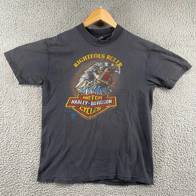 VTG 80s Harley Davidson Single Stitch 3D Emblem Righteous Ruler L T-Shirt Fargo
