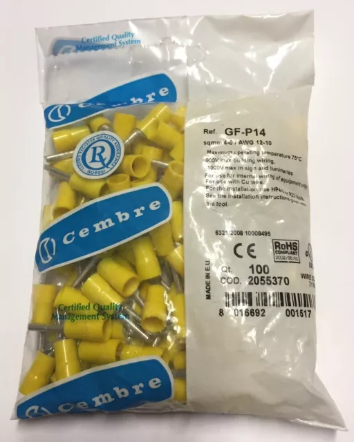 CEMBRE GF-P14 - 4-6mm Insulated Pin crimp Cable Terminals Yellow - 100 pack