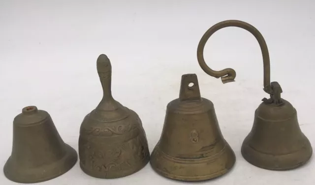 Lot of 4 Antique brass Bells Collection Hanging Door, #8, Finger Bell, etc NICE!