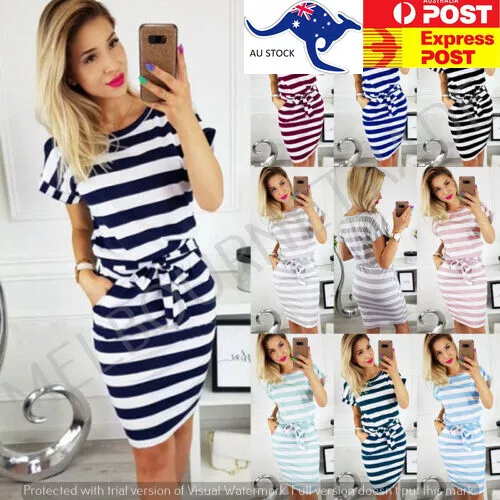 Women Striped Short Sleeve Lace Up Belt Waist Mini Dress Casual Summer Sundress