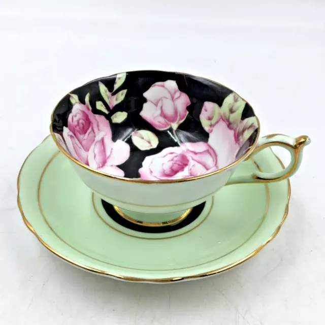 Paragon Double Warrant Cabbage Rose ~ Pink on Black Teacup & Saucer ~ Mint Green