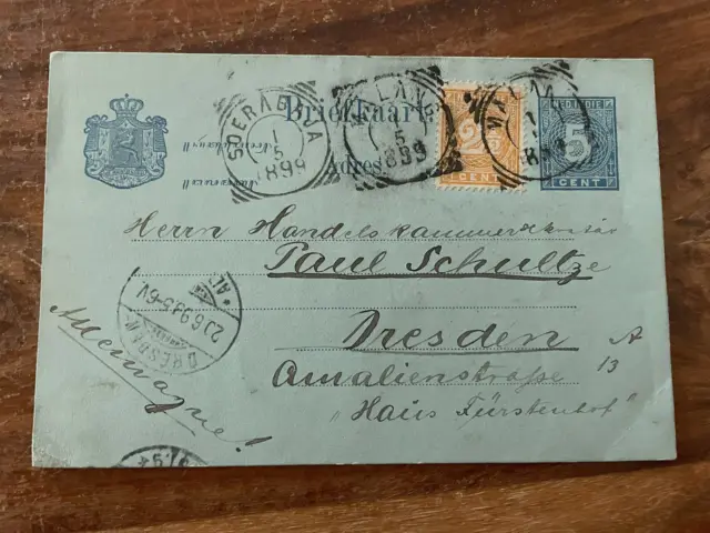 Ganzsache Niederländisch Indien 1899 Soerabaya über Malang nach Dresden