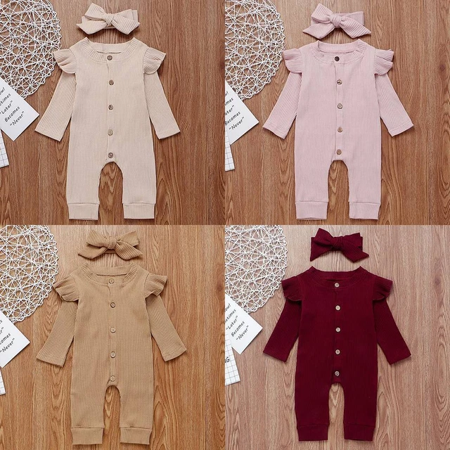 Newborn Baby Girl Infant Solid Romper Jumpsuit Pants Headband Outfit Clothes Set