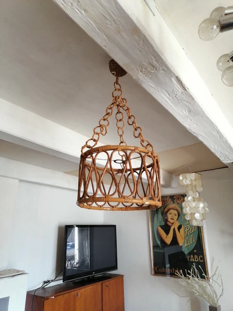 Lustre suspension osier rotin 1960 1970