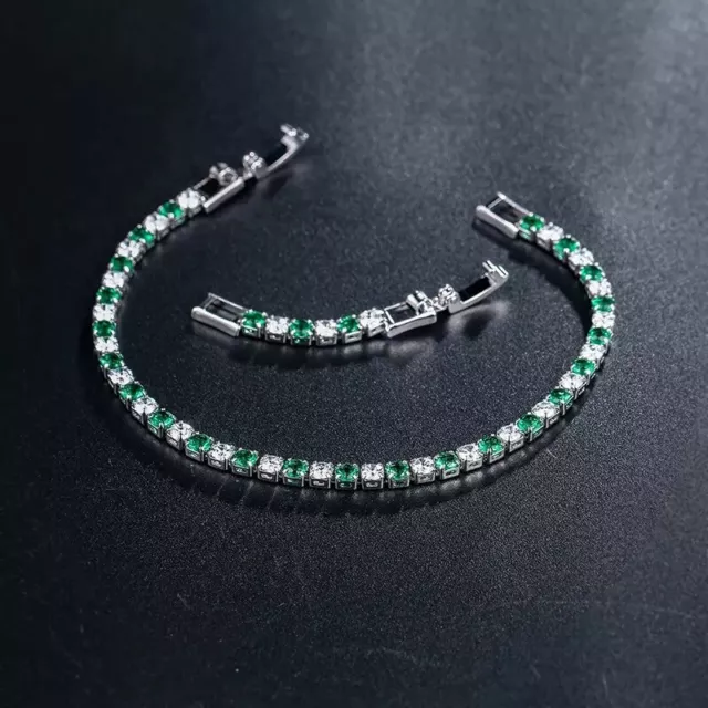 Green Emerald White Topaz Tennis 3mm Gemstone Sterling Silver 925 Bracelet