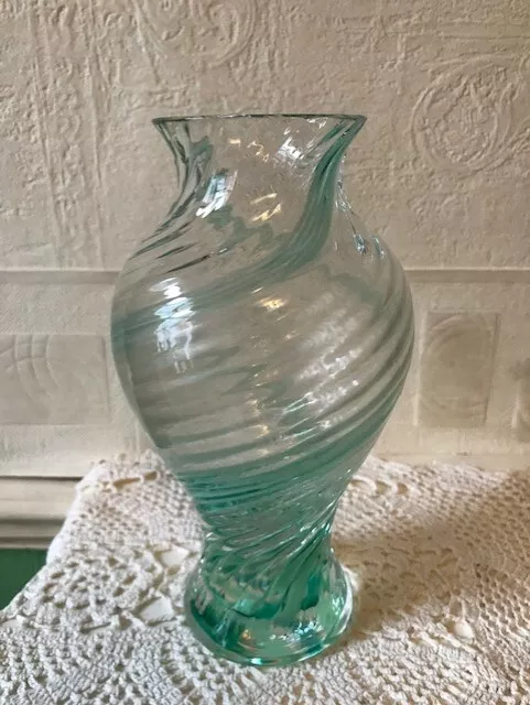 Vintage Art Glass Vase Green & Clear Ribbed Swirl