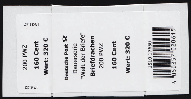 3647 Briefdrachen 160 Cent - Banderole / Aufkleber 200er-Rolle, großes Z in PWZ