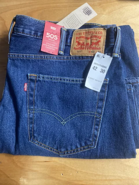 Levis 505 Jeans Mens 42X30 Blue Regular Fit Straight Leg Red Tab Denim Pants NEW