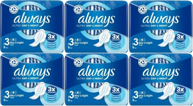 54 x Always Ultra Day & Night Size 3 Towels with Wings Instant Dry Towels