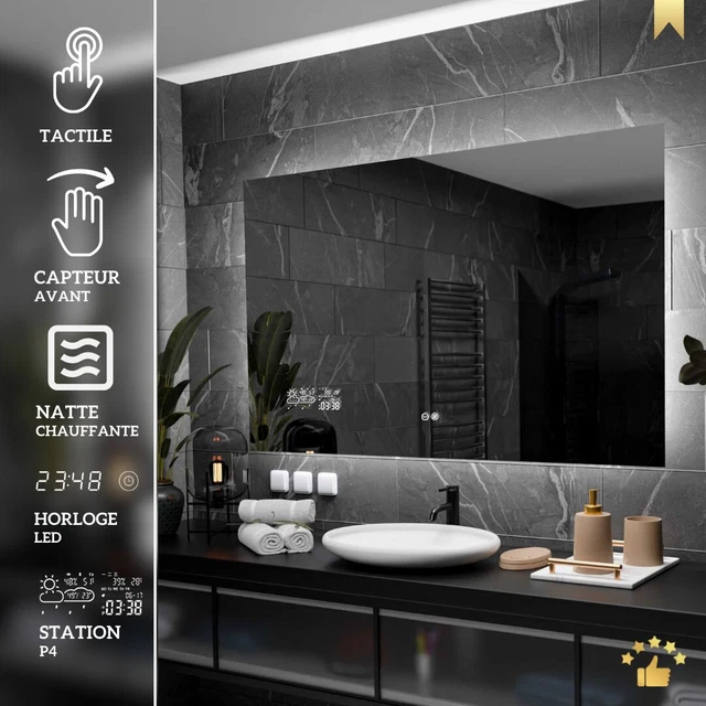 Miroir De Salle De Bain Lumineux LED KAIR Avec Horloge Et Interrupteur - Design Moderne, Fixation Murale