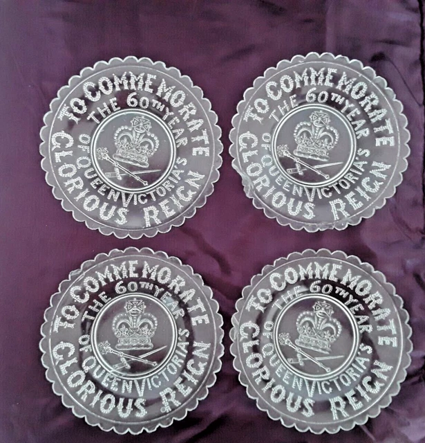 QUEEN VICTORIA 60TH yr Commemorative Glass Plates 14cm Set of 4 Diamond