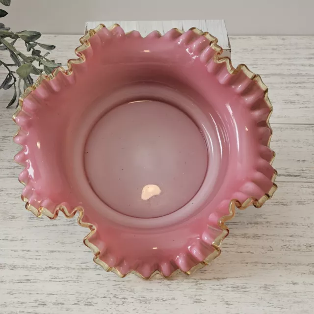 Vintage Fenton PEACH CREST Pink and White Glass Double Crimped Flared 8.5”BOWL