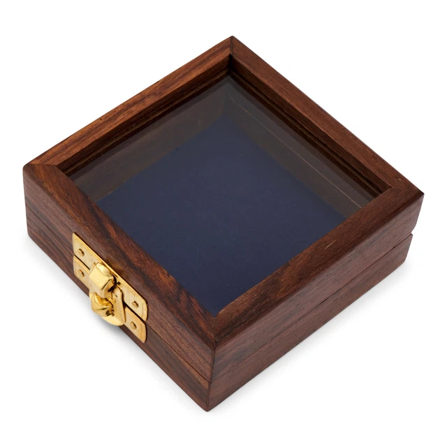 Scatola di legno con vetro in coperchio 8,5x8,5x3,5 cm ottone chiusura decorazione marittima