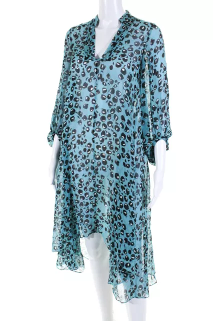 Diane Von Furstenberg Womens Cheetah Print Sheer Long Sleeve Dress Blue Size 0 2