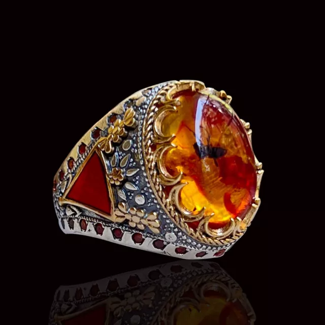 Solid 925 Sterling Silver Handmade Jewelry Fosil Amber Men's Ring All Size