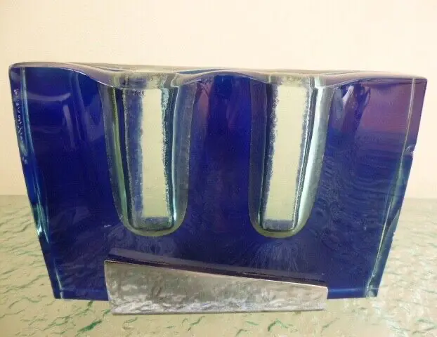 Handmade Blue & Clear Slab Art Glass Double Bud Vase signed by Artist Niraz