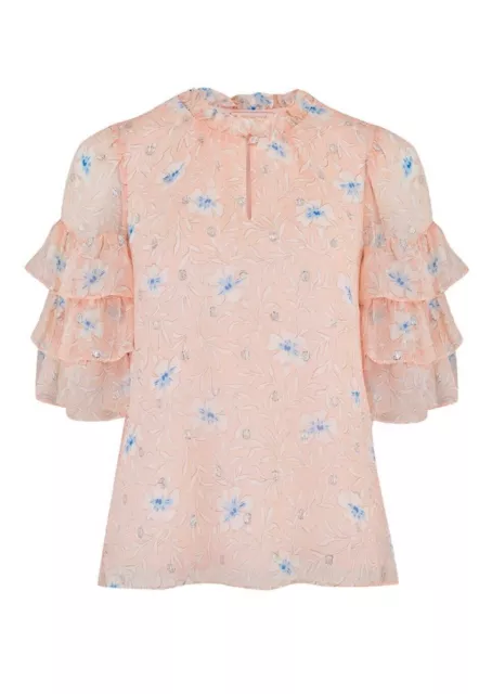 $350 Rebecca Taylor Trellis Floral Silk Ruffled Blouse In Blush Pink
