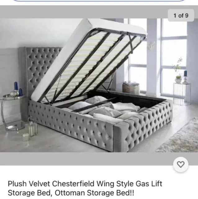 Luxury plush Chesterfield Wing Style Gas Lift Storage Bed, Ottoman Storage Bed!!