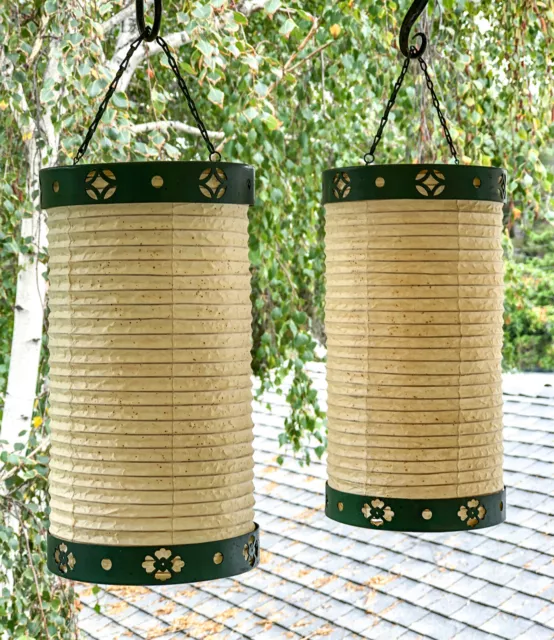 Pair Vintage Japanese Metal & Paper Hanging Chochin Style Collapsible Lanterns