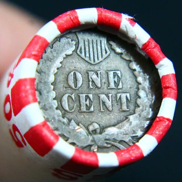 Indian Head Penny Reverse Showing On End Of 50 Coin Wheat Cent Shotgun Roll