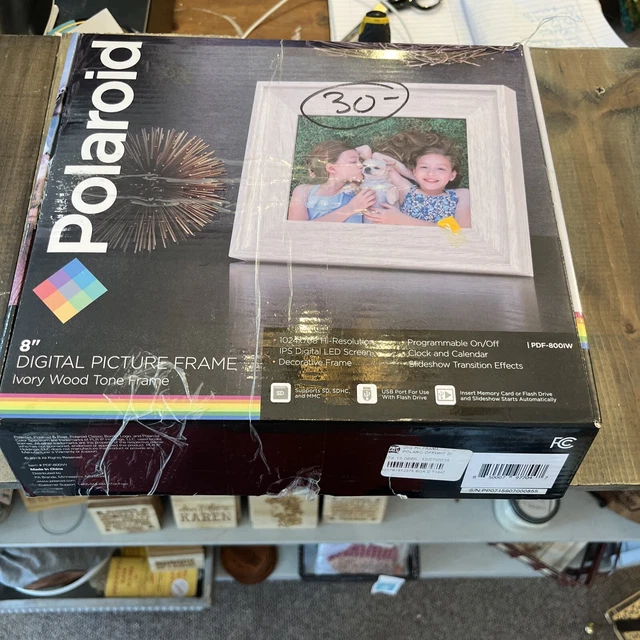 NUEVO Polaroid 8"" Alta Resolución Marco de Imagen Digital Tono Madera de Marfil Caja Abierta