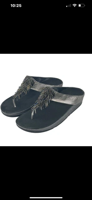 FitFlop Womens 11 Pewter Cha Cha Leather Beaded Thong Flip Flop Sandals Casual